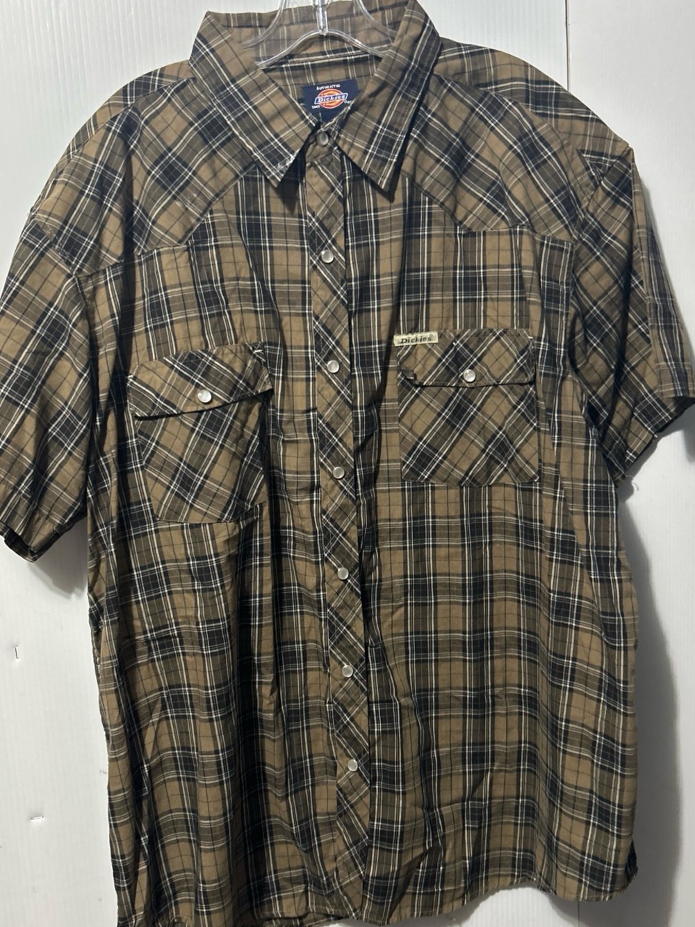 Dickies Men’s Tan and Black Plaid Short-Sleeve Button-Down Shirt